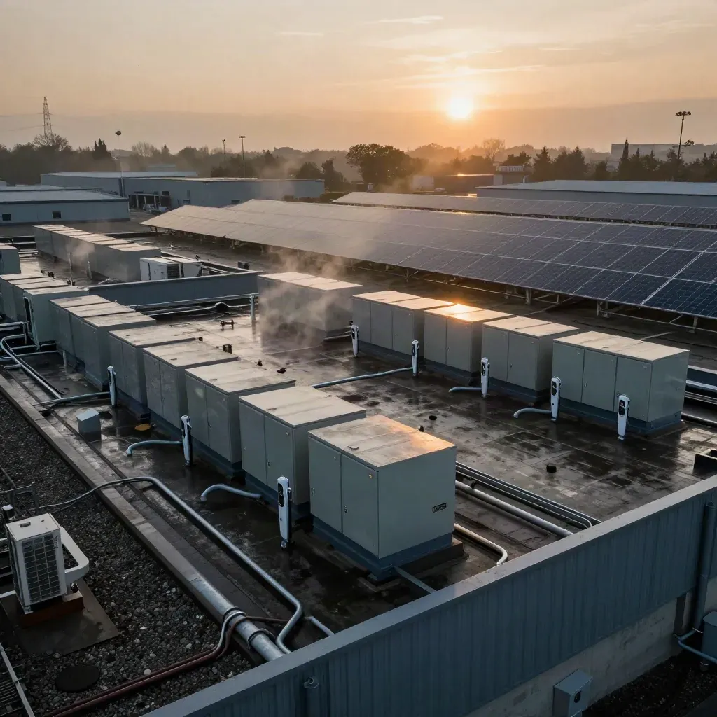 Misty solar campus at dawn with rooftop panels, battery cabinets and EV chargers.