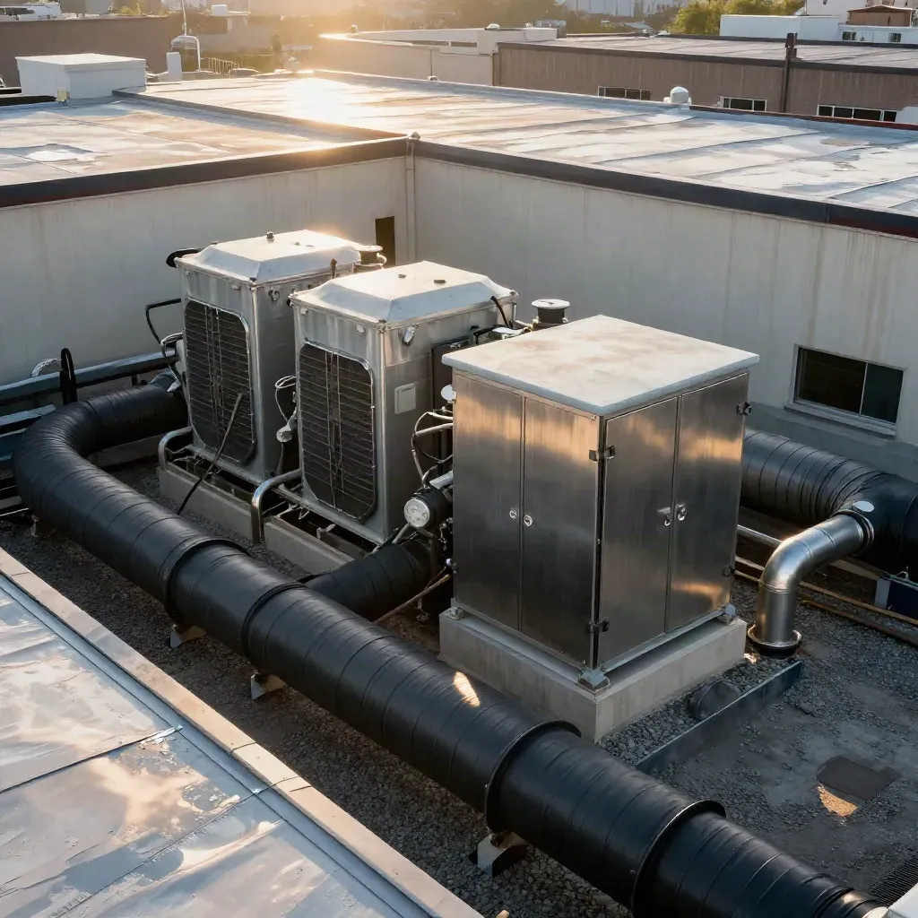 Rooftop HVAC yard with chillers, ducting and a battery cabinet in warm late-morning light.