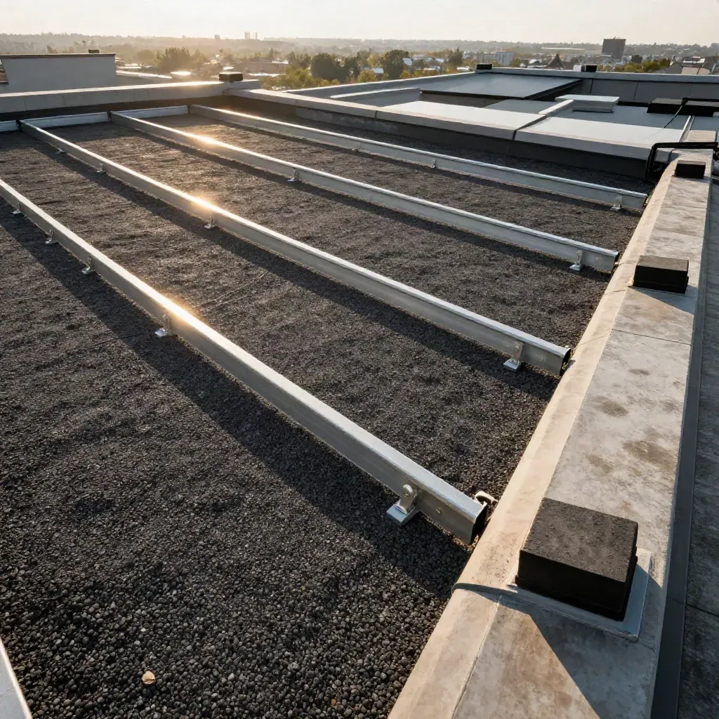 Sunlit commercial rooftop with solar mounting rails and parapet shadows