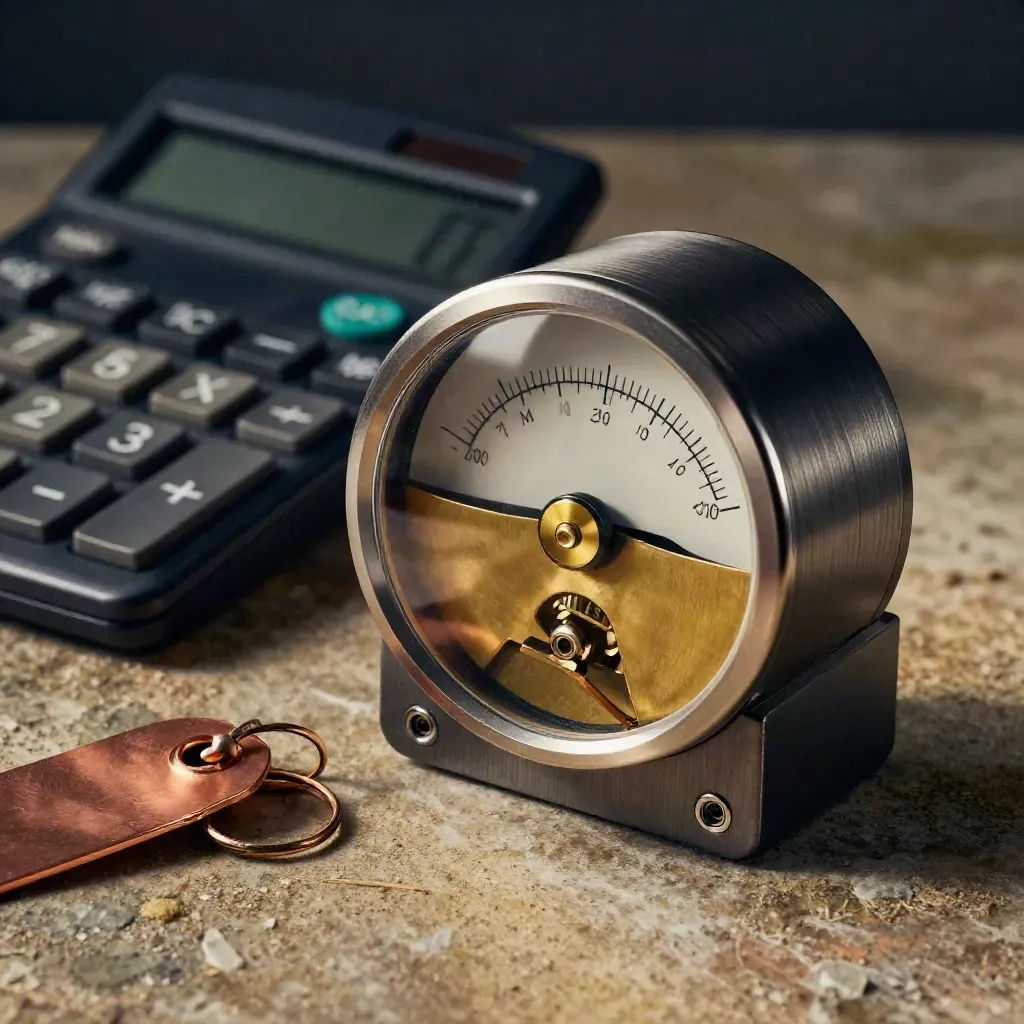 Macro still life of utility-bill analysis tools: smart meter, calculator, brass dial, copper tags.