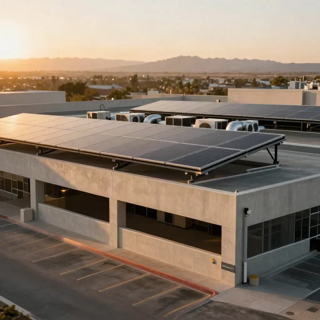 Solar canopies and HVAC units on a Phoenix retail roof in warm late-day light.