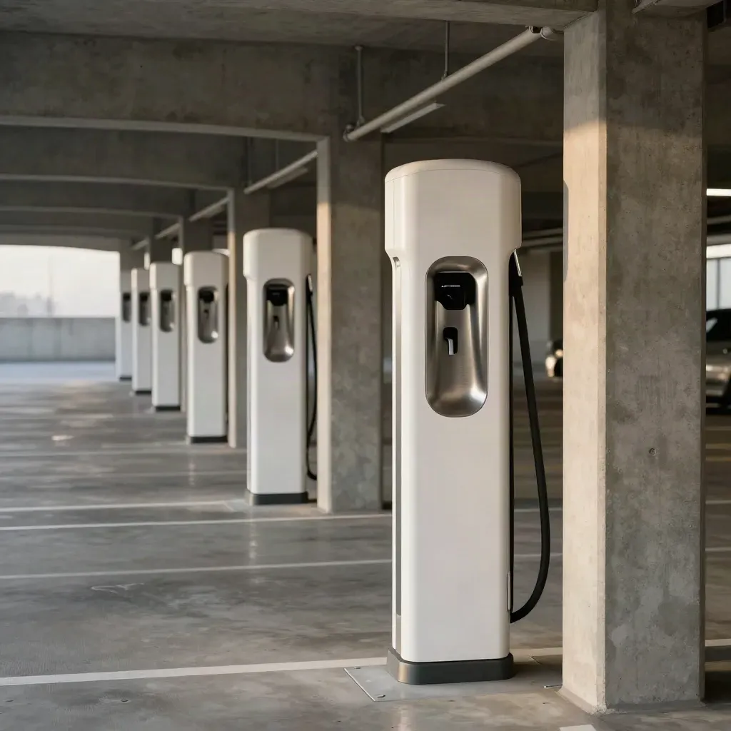 Finished garage row of EV chargers and conduit beneath concrete columns, lit by soft daylight.