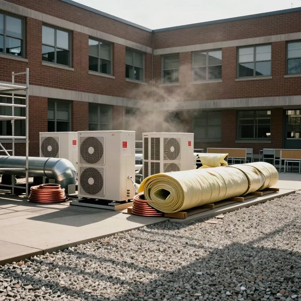 School campus retrofit yard with staged heat pumps, insulation rolls, and scaffold shadows