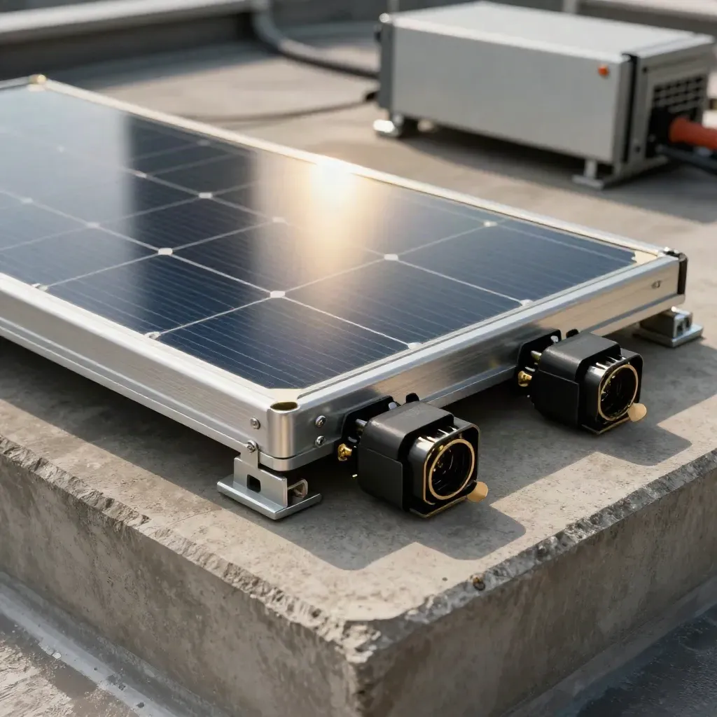 PV module corner, connectors, mounting rail, and gasket on a rooftop plinth in dramatic light
