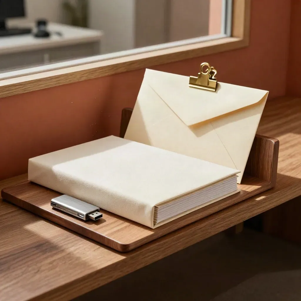 Closed energy delivery folio, USB drive, brass clip and sealed envelope on a shelf