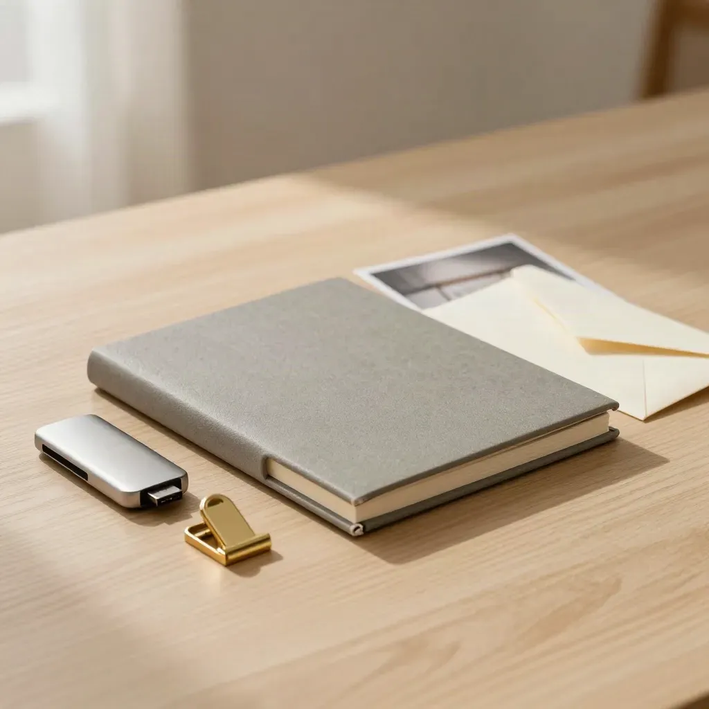 Closed presentation folio with USB drive, brass clip, and sealed envelope on pale oak desk