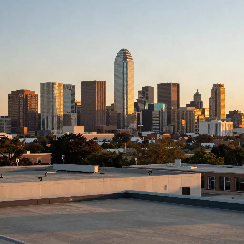 Dallas skyline at sunset with Reunion Tower above calm rooftops in warm haze