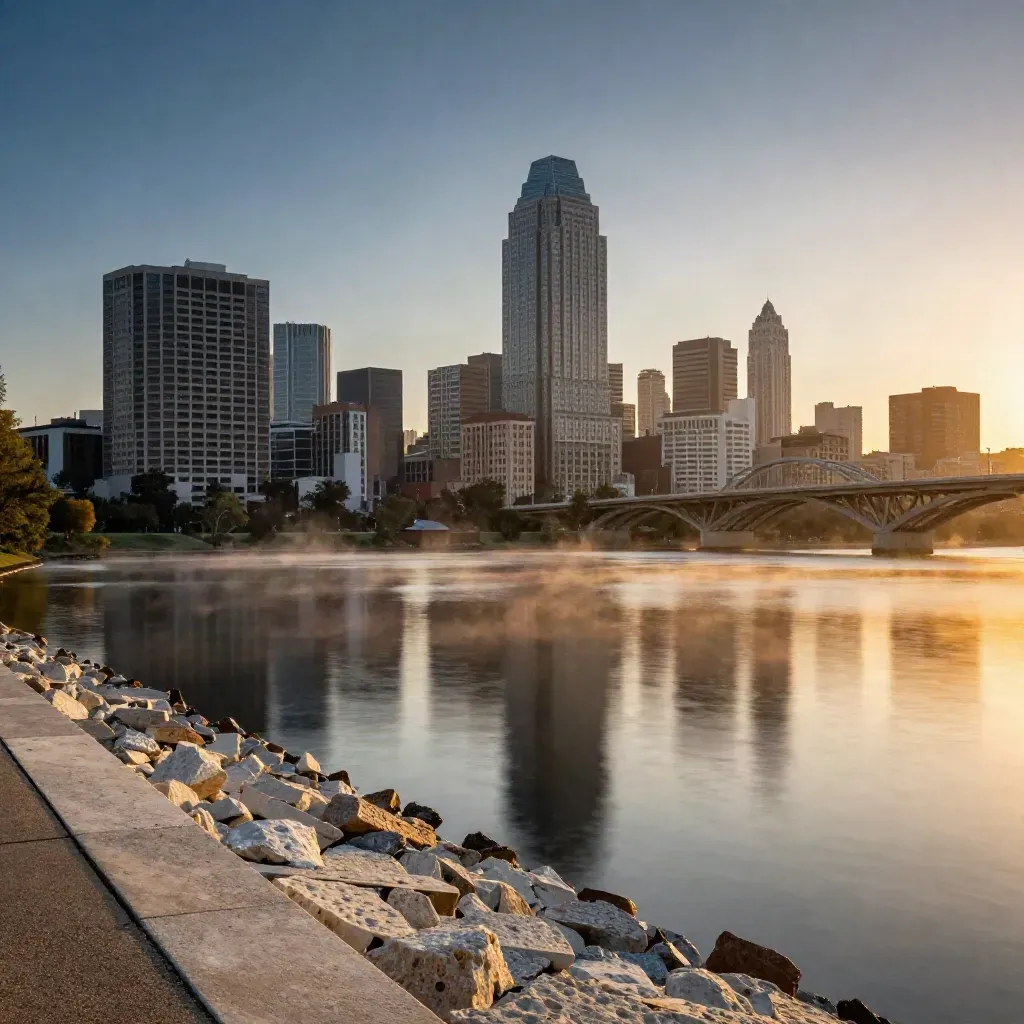 Austin skyline above Lady Bird Lake at blue hour with a calm reflective foreground.